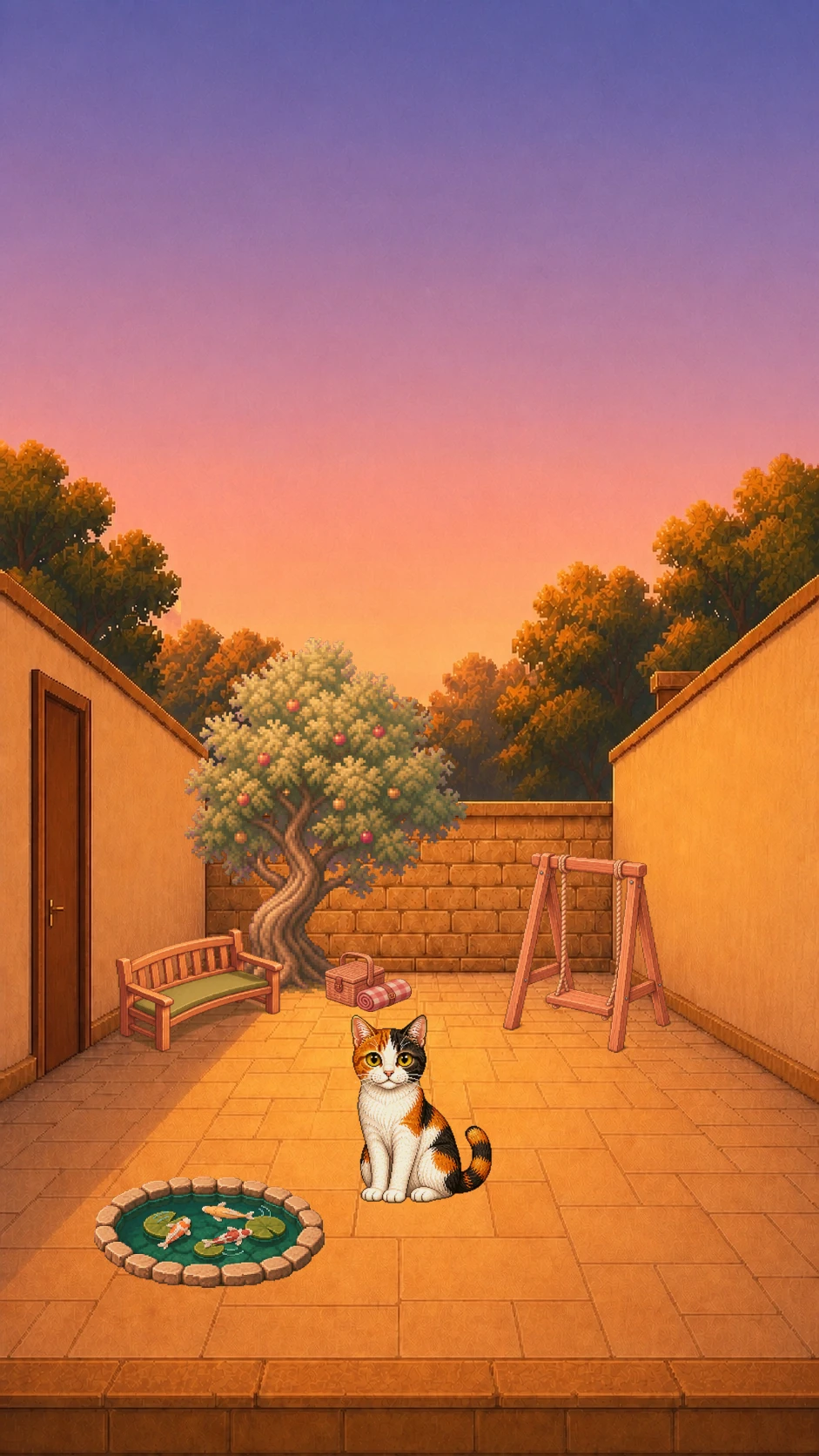 A decorated Kotiki garden at sunset